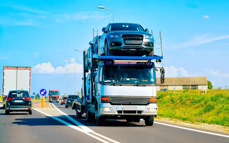 "Car carrier truck transporting multiple vehicles on a highway."